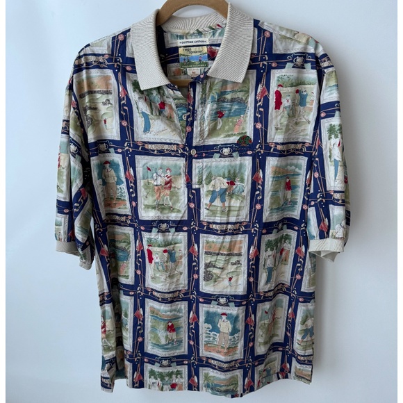 Vintage Reyn Spooner Egyptian Cotton Golf Print Hawaiian Polo Shirt M - Picture 1 of 5
